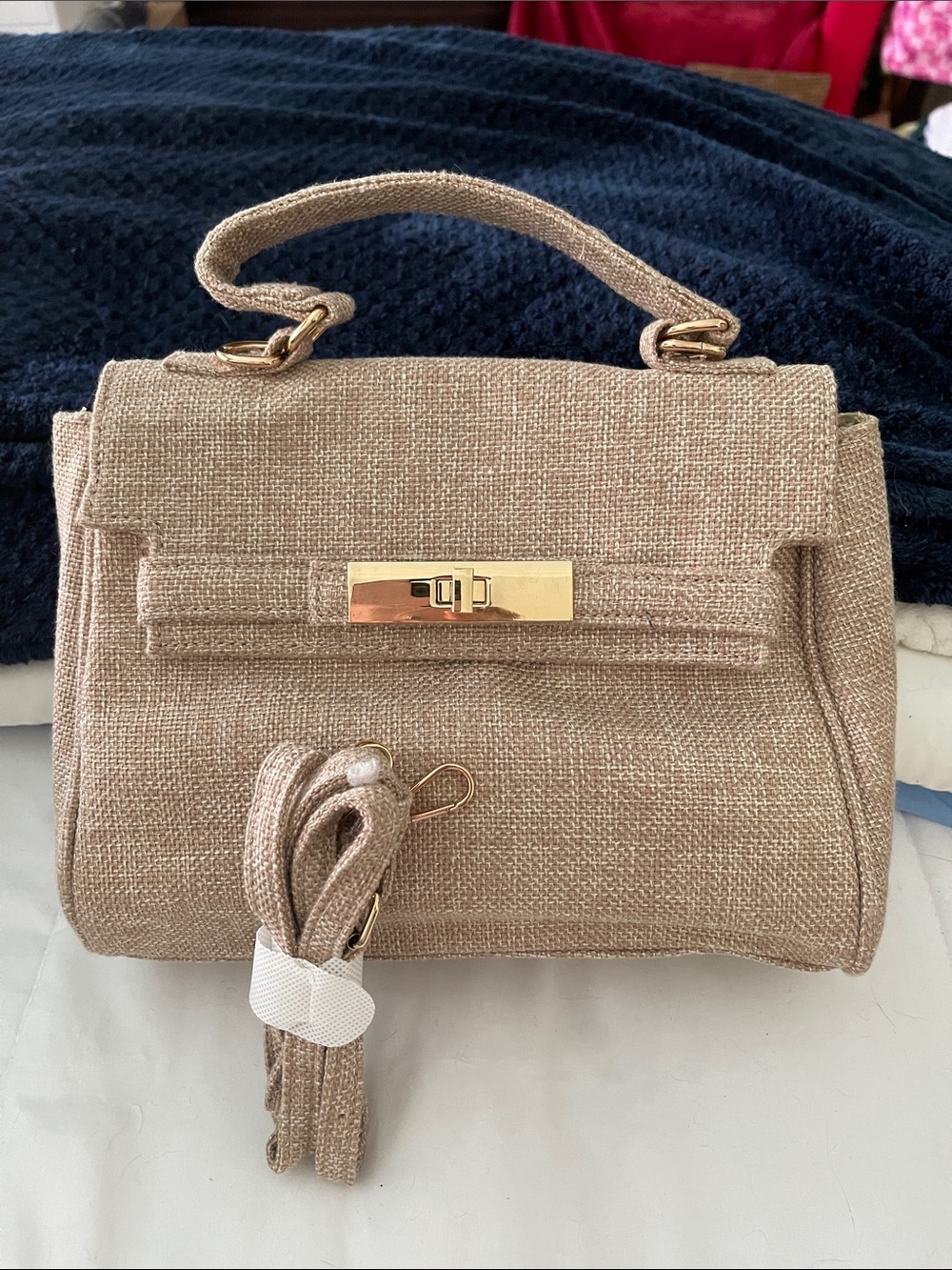 Structured Beige Top-Handle Women’s Bag with Gold Hardware